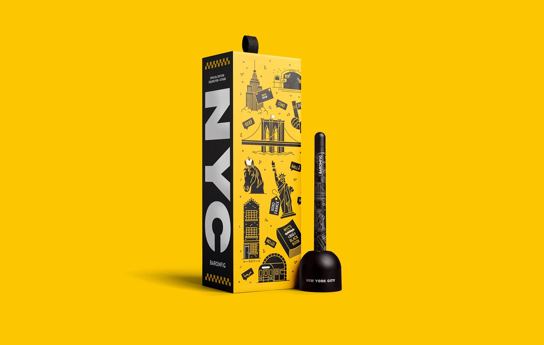 New York City-themed Squire Classic packaging and pen on a yellow background