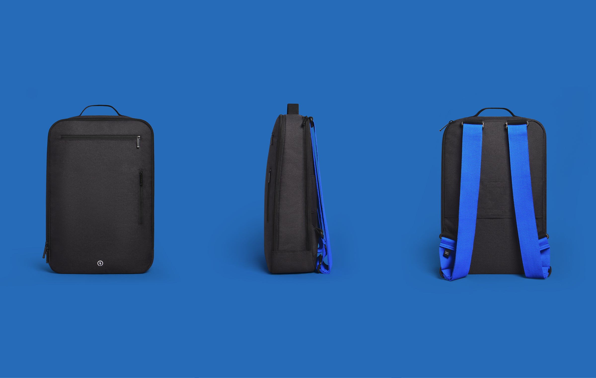 Black and blue Venture backpacks shown from different angles on a blue background