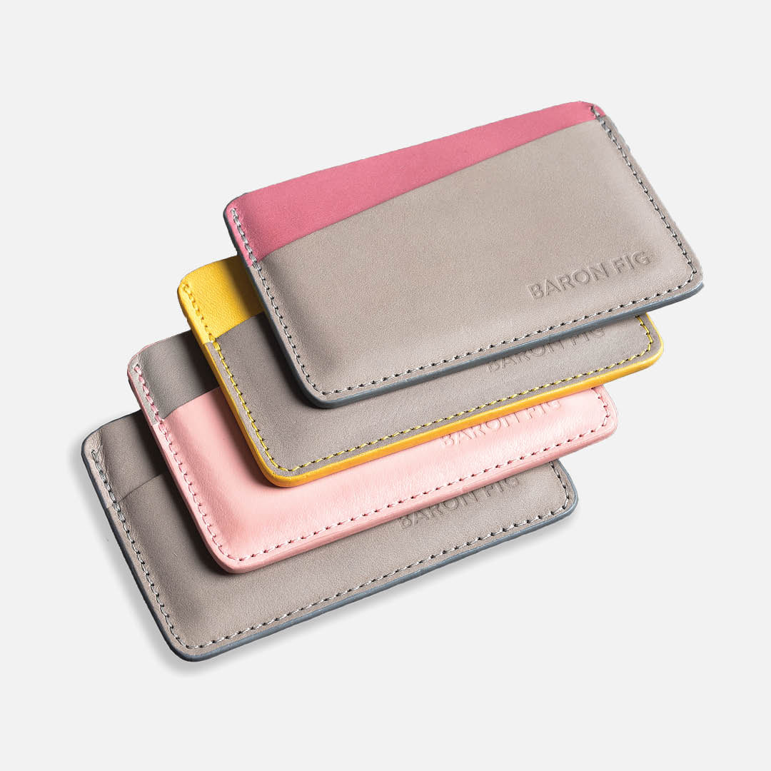 
                Card sleeves in charcoal, rose quartz, yellowgold and fig wine
