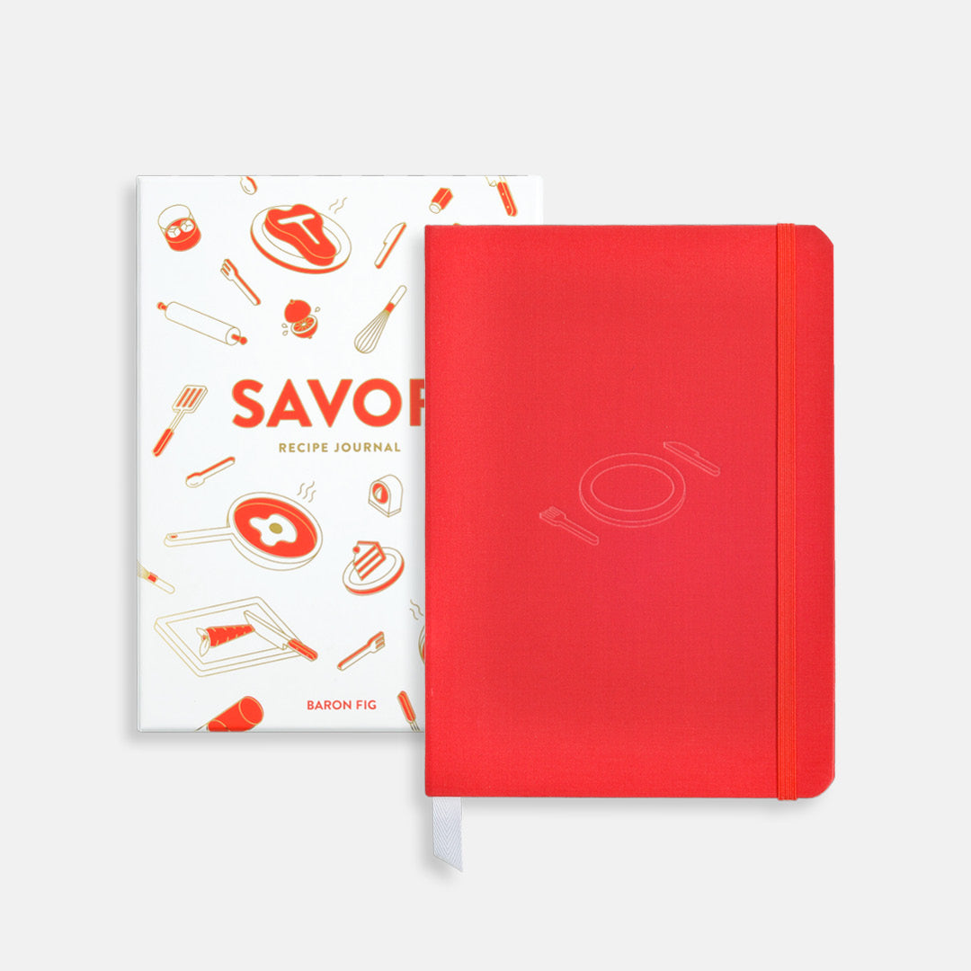 Savor Closed tomato red hardcover Savor Recipe Journal with packaging.