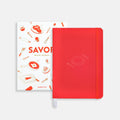 Savor Closed tomato red hardcover Savor Recipe Journal with packaging.