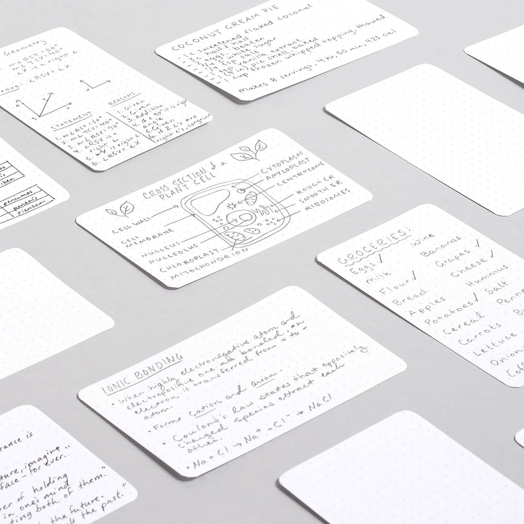 Strategist dot grid index cards laid out with various written notes
